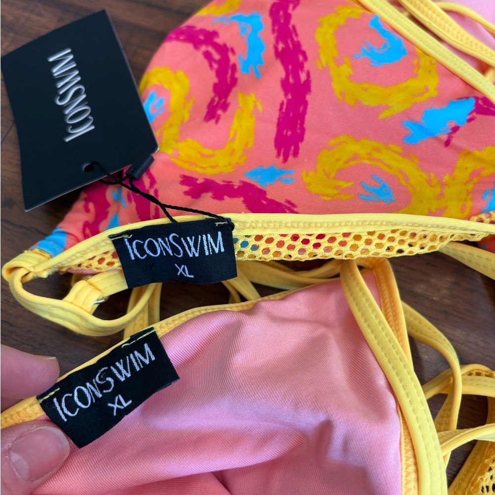 Icon Swim size XL Bikini Two Peice Pink Yellow Swirl tie closure adjustable NWT - Picture 4 of 4